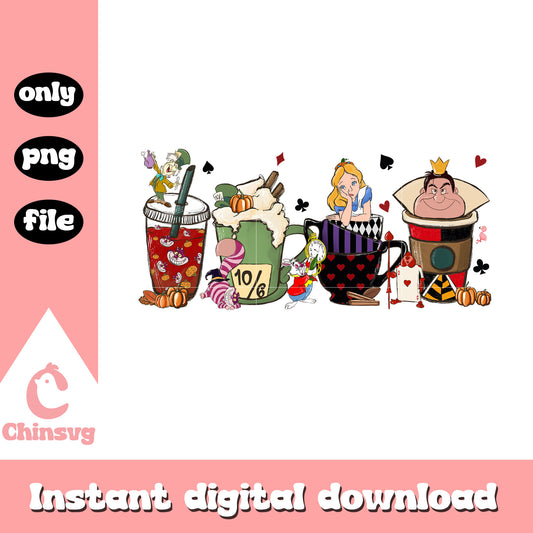 Alice in the wonderland cups halloween coffee png, alice disney png