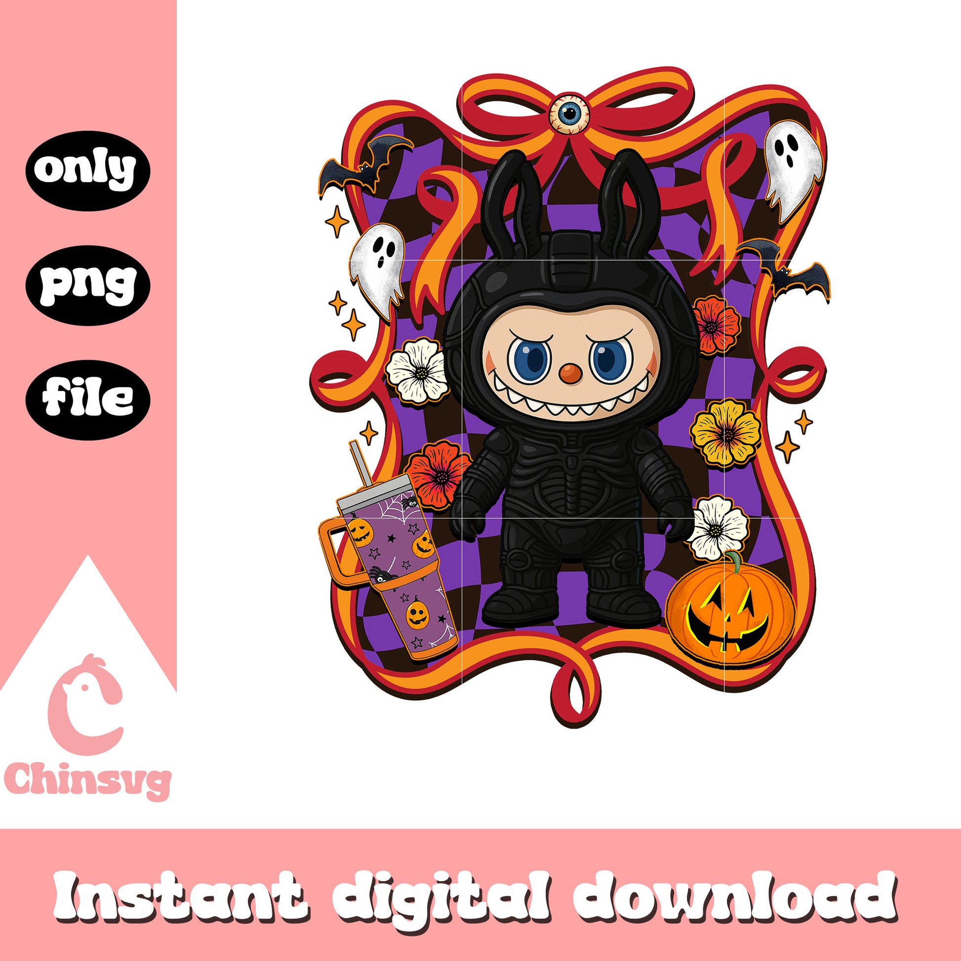 Alien halloween labubu bow png, halloween trick or treat times png