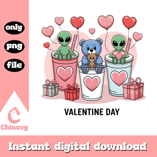 Alien mascot coffee valentine png, alien valentines​​ png