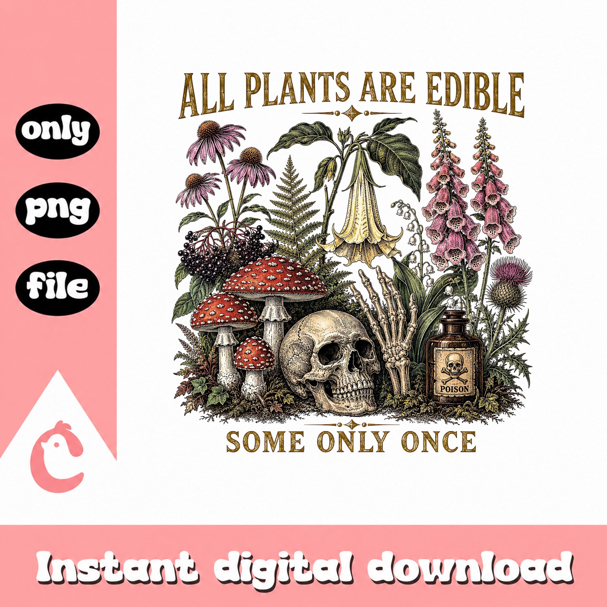 All Plants Are Edible Some Only Once PNG, Skull Mushroom, Funny PNG
