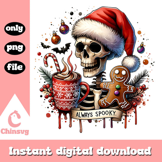 Always spooky skeleton with hot chocolate png, santa skeleton​ png