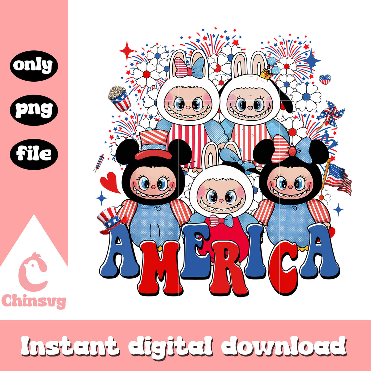Micky Labubu America day labubu mickey ears png, Popmart labubu 4th of july png ...