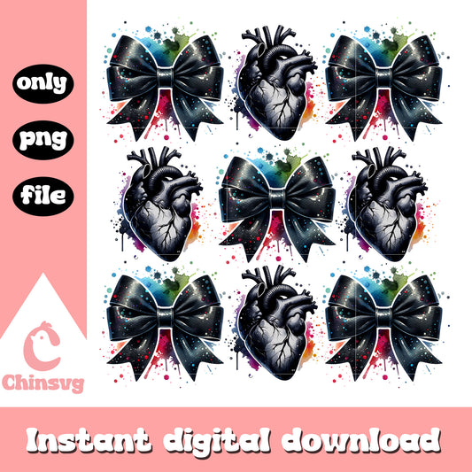 Anatomical heart and black bows pattern png, black bow tie png​