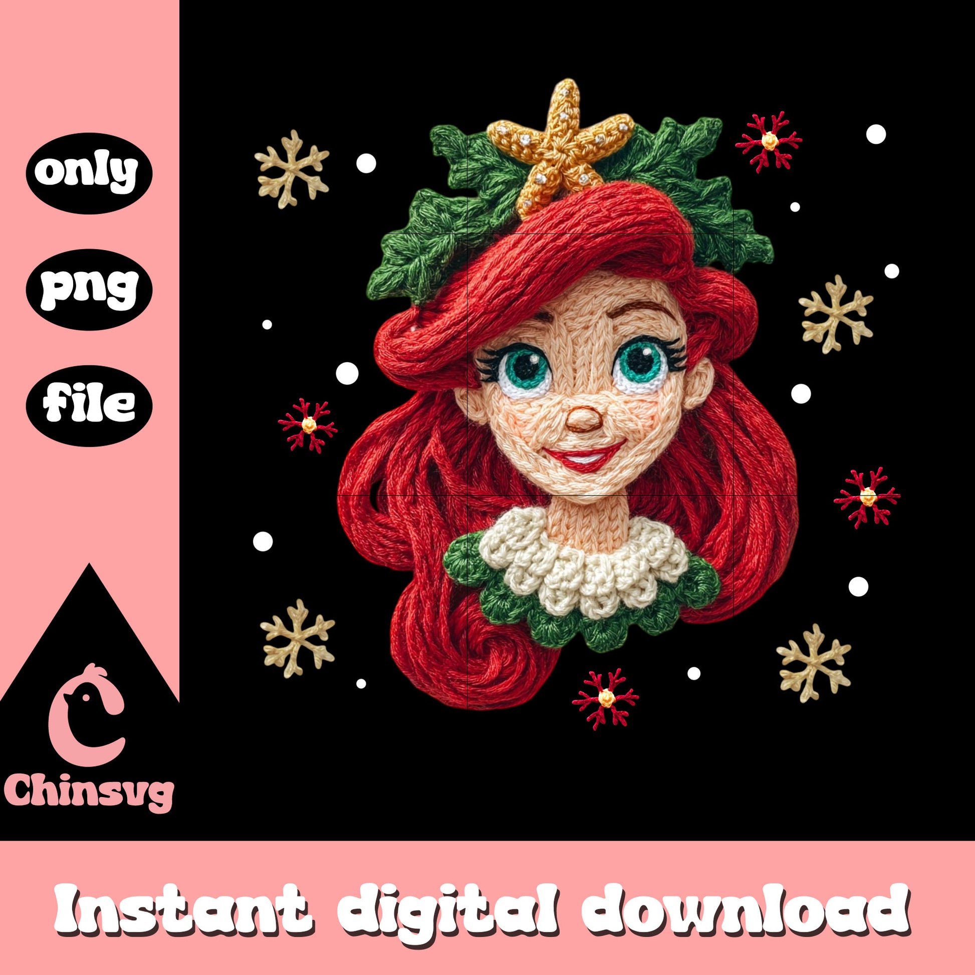 Ariel princess christmas yarn crochet png, christmas disney png