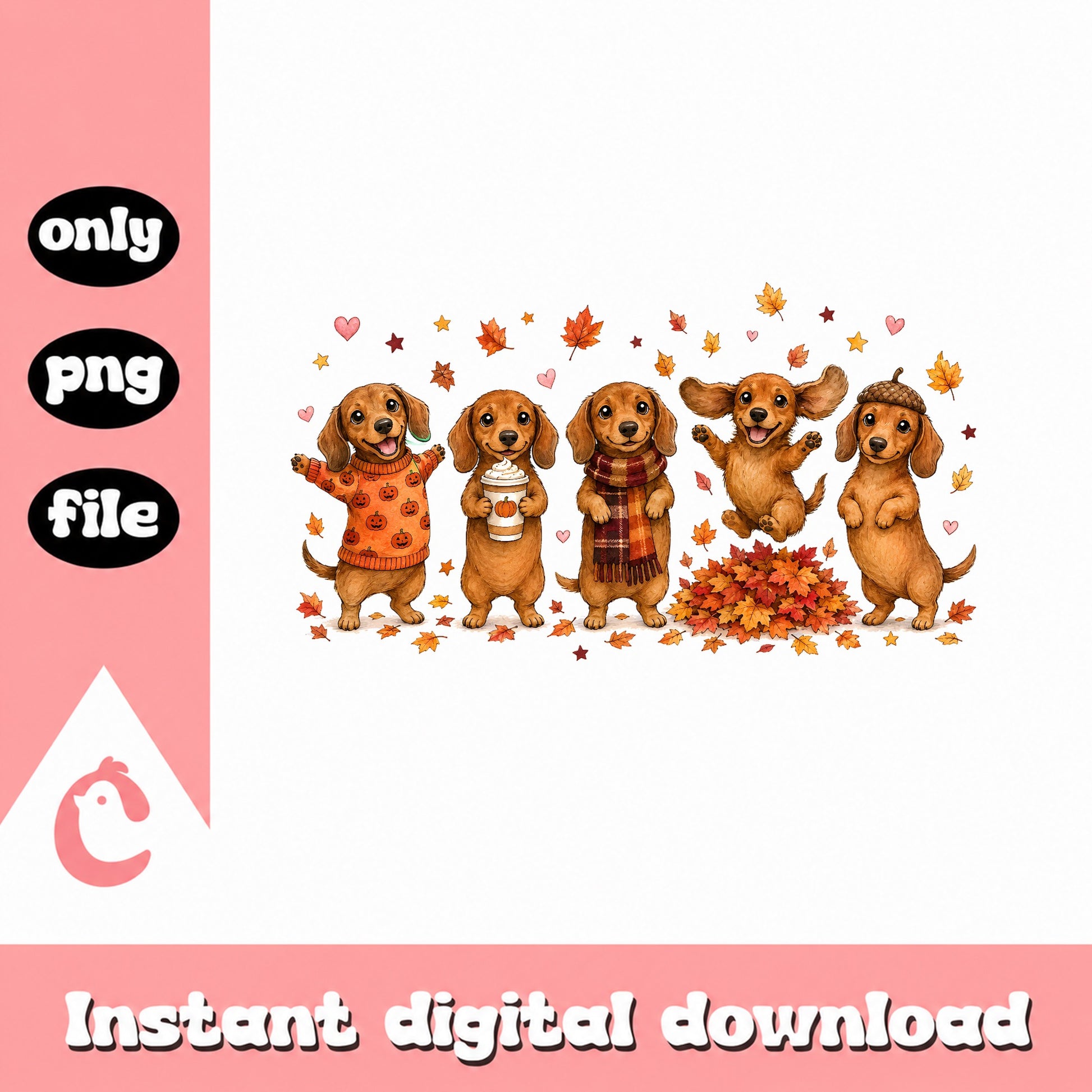 Autumn Dachshund Dog PNG Bundle, Fall Leaf Clipart, PNG File