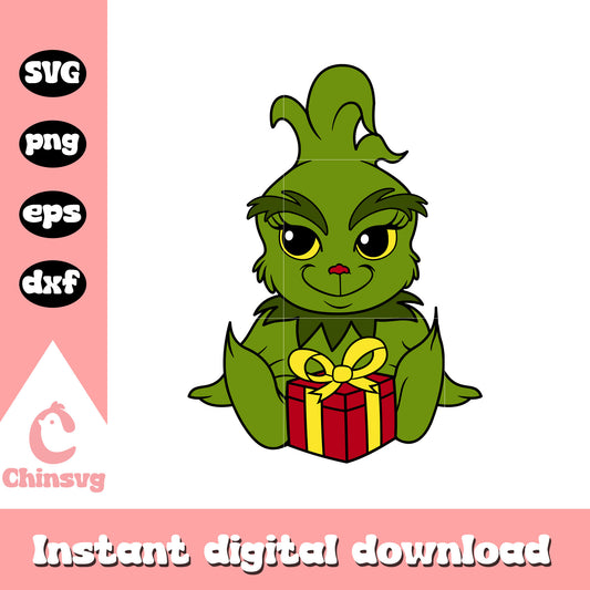 Baby grinch with present box christmas svg, baby grinch​ svg