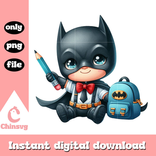 Baby bat man prepare to go to school png, school supplies​ png