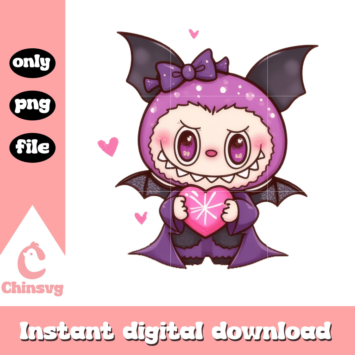 Baby bat purple labubu hand heart halloween design png, halloween art png