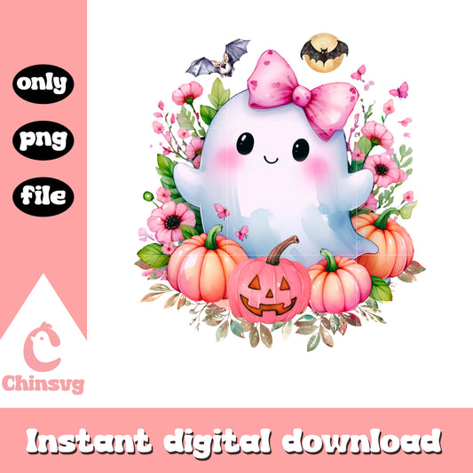 Baby cute ghost pink coquette floral png, ghost halloween png