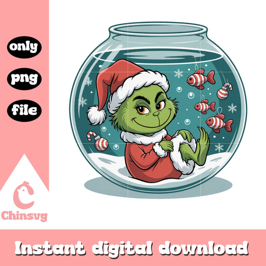 Baby grinch in aquarium christmas png, christmas season png