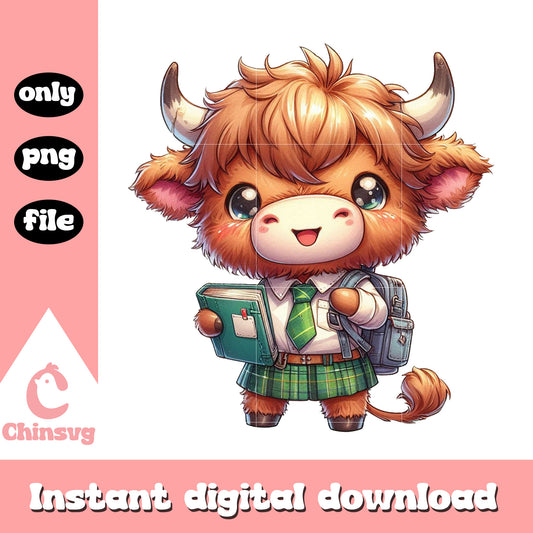 Baby highland cow girl back to school png, cartoon school png