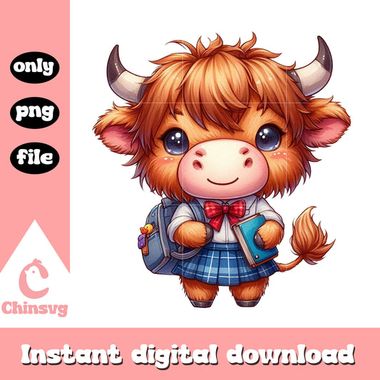 Baby highland cow reading book design png, cartoon schools png
