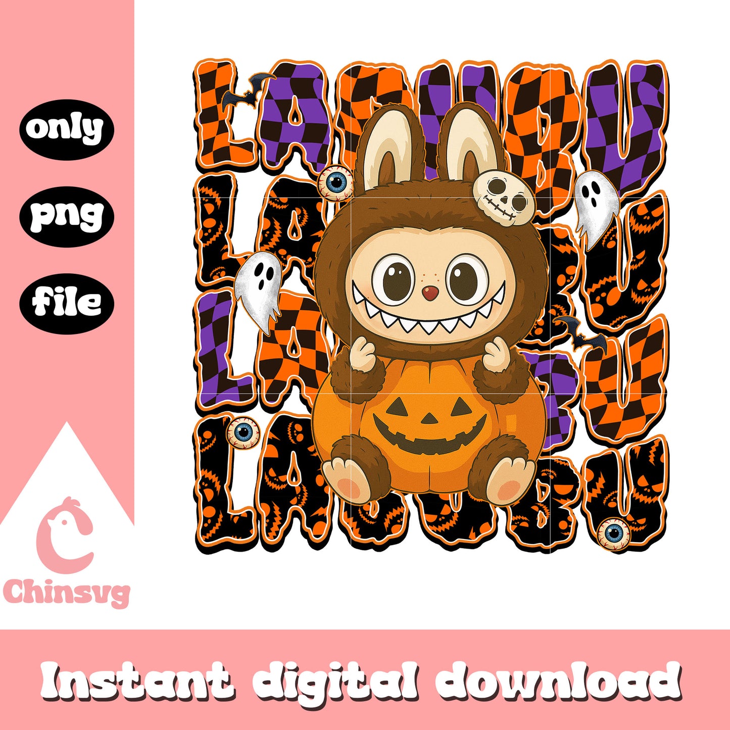Baby pumpkin monster labubu doll design png, labubu cute png