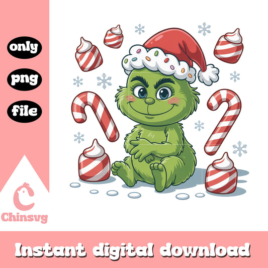 Baby smiling grinch christmas cane png, grinch color green png