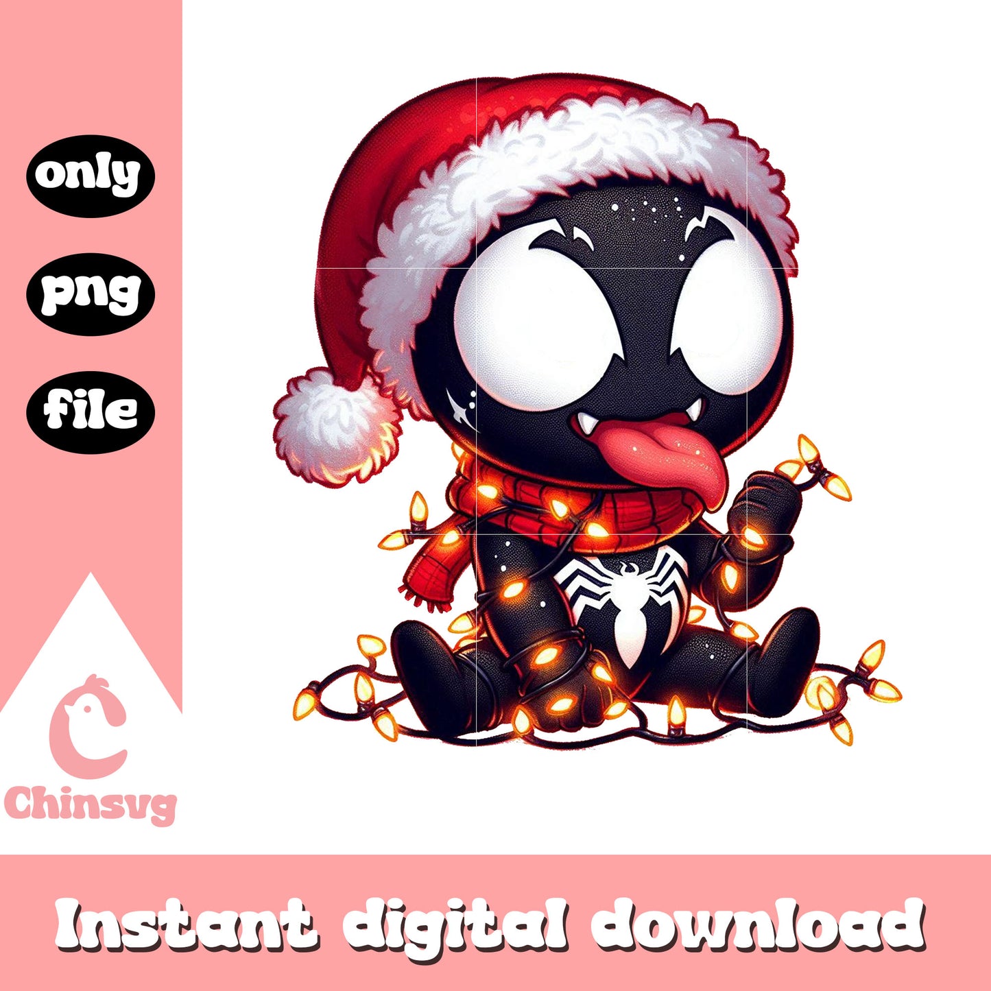 Baby venom play with christmas lights png, santa hat png