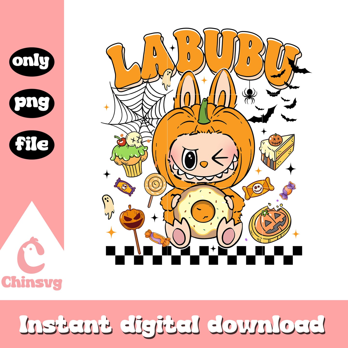 Baby winking labubu pumpkin hand donut halloween png, happy halloween png