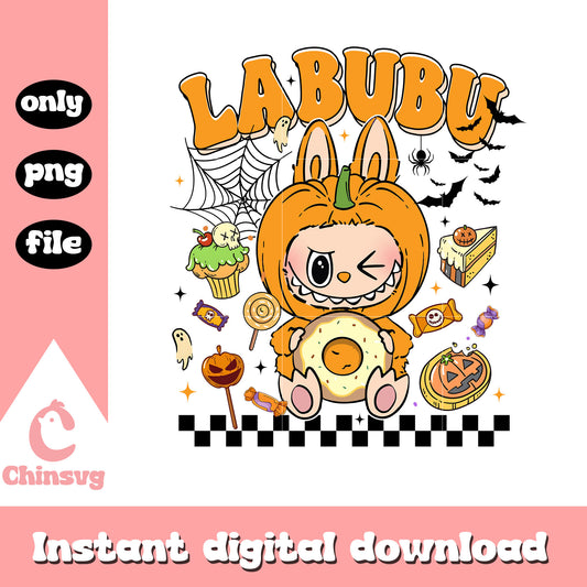 Baby winking labubu pumpkin hand donut halloween png, happy halloween png