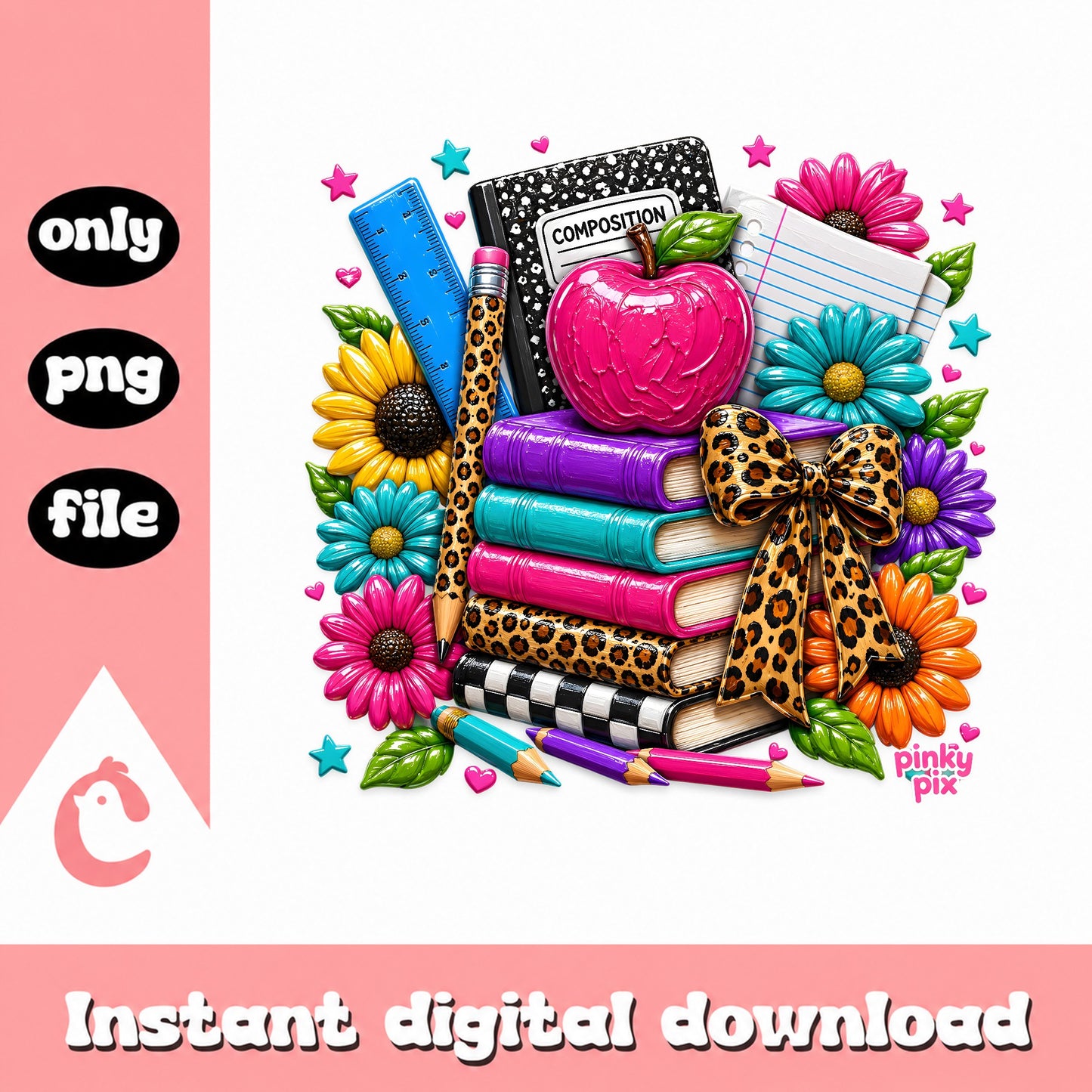 Back To School PNG, Teacher Leopard Floral Books Sublimation, School PNG