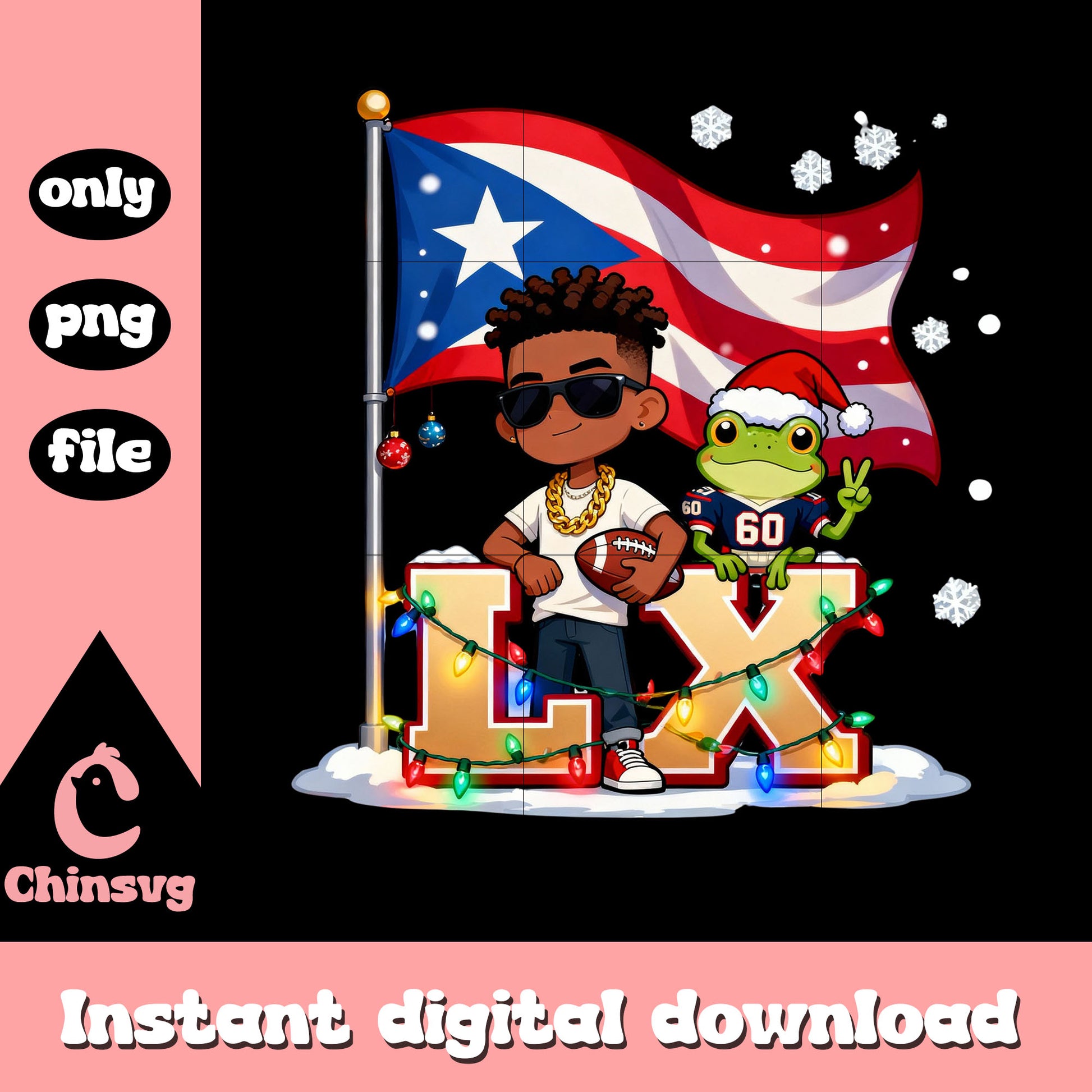 Bad bunny and frog christmas light png, football fan png