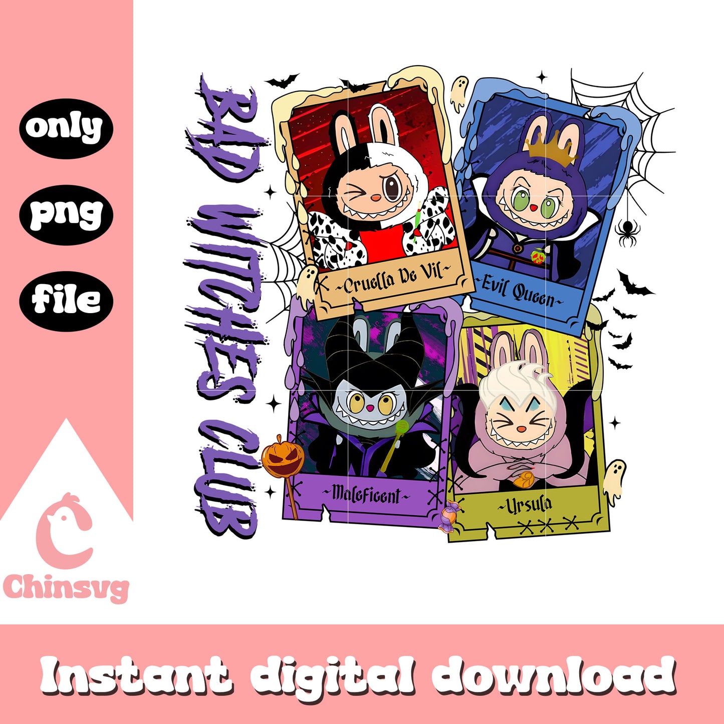 Bad witches club labubu halloween card png, disney villains halloween png