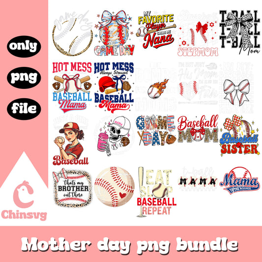 Baseball costume mother day bundle png, happy mother's day png