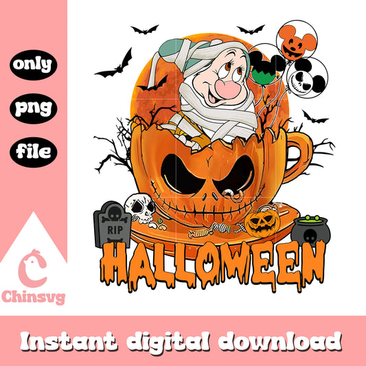 Bashful dwarf horror halloween png, pumpkin cup png, disney characters png