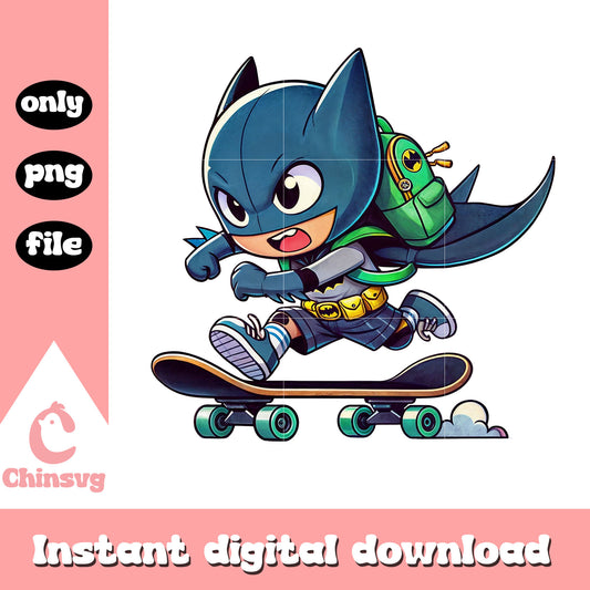 Batman skateboarding to school design png, marvel batman png