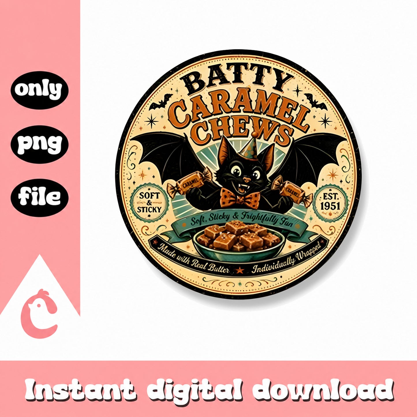 Batty Caramel Chews Halloween PNG, Vintage Bat Clipart, PNG File