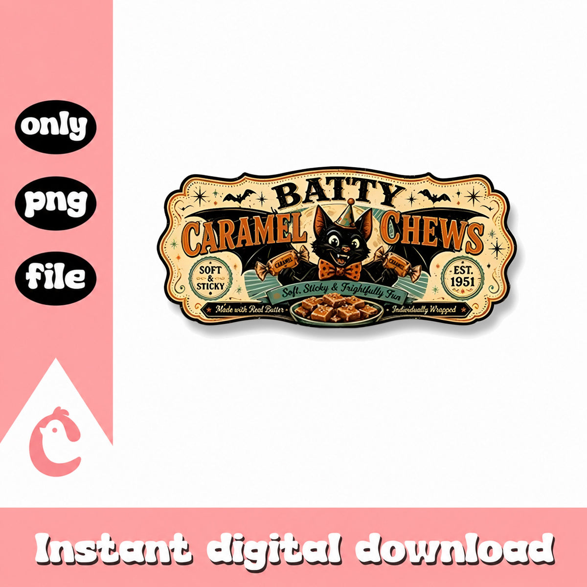 Batty Caramel Chews Vintage Label, Halloween Black Cat, PNG