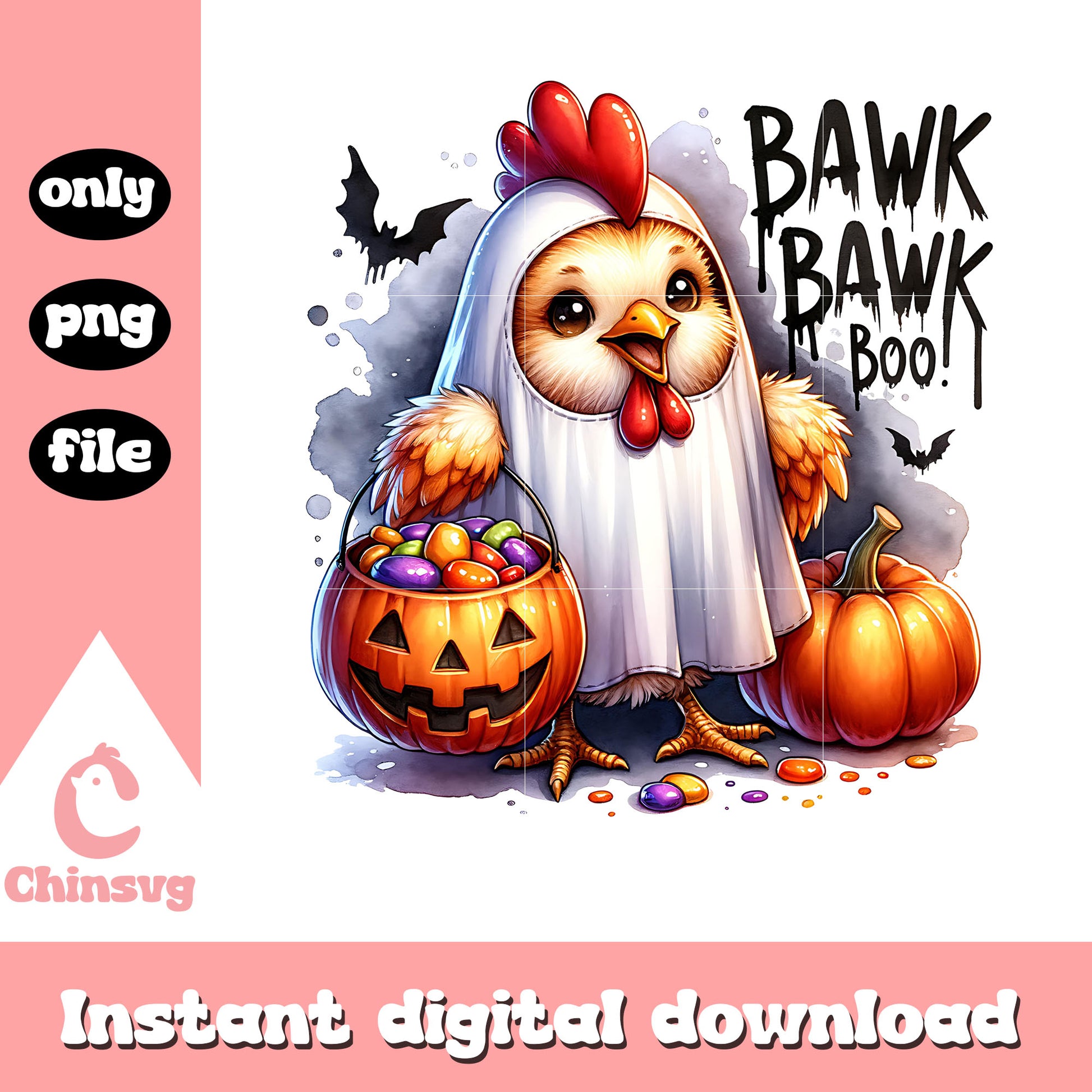 Bawk bawk boo chicken ghost png, trick or treat png