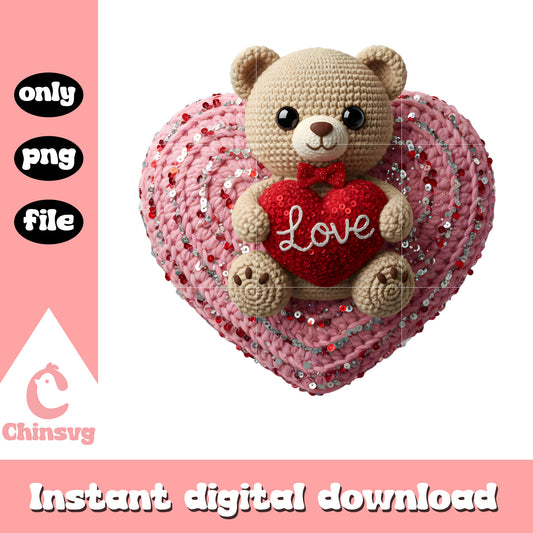 Bear hearts glitter crochet png, valentines day love png