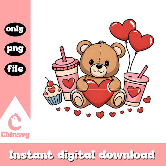 Bear love coffee valentine png, heart valentine's day​ png