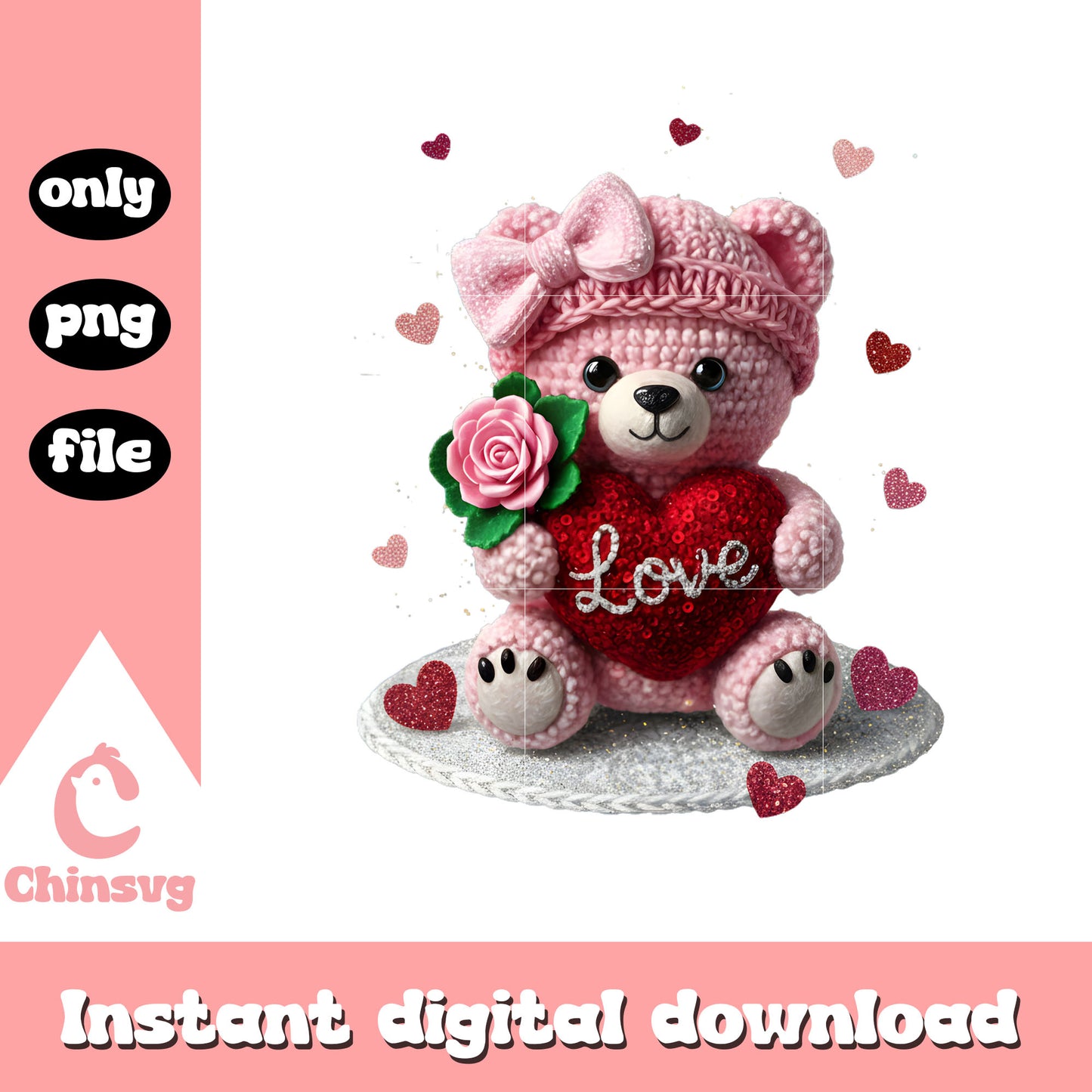 Bear rose love crochet png, happy valentines my love​ png