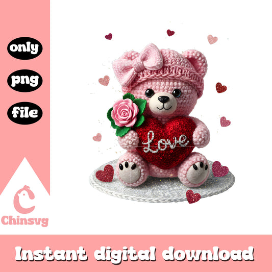 Bear rose love crochet png, happy valentines my love​ png