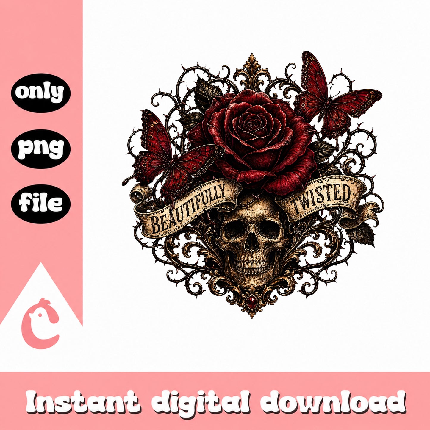 Beautifully Twisted Skull Rose PNG, Butterfly Skull Art, Gothic PNG