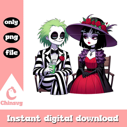 Beetlejuice and Lydia chibi couple png, couple png, halloween png