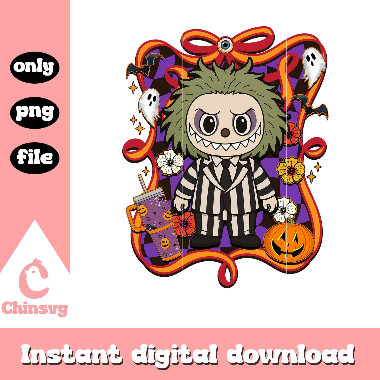 Beetlejuice halloween labubu bow png, beetlejuice character png