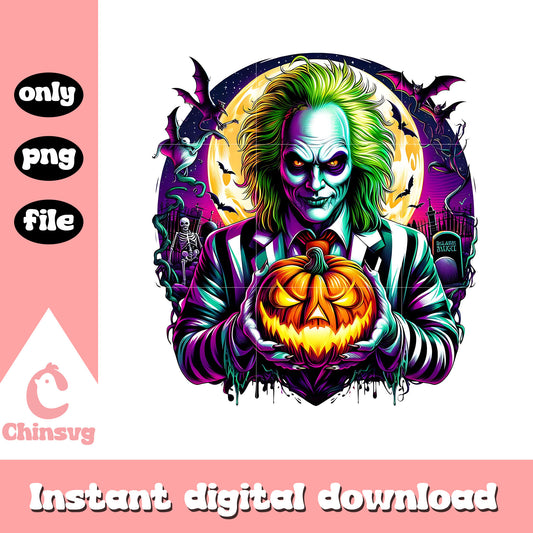 Beetlejuice holding pumpkin halloween png, halloween pumpkin png