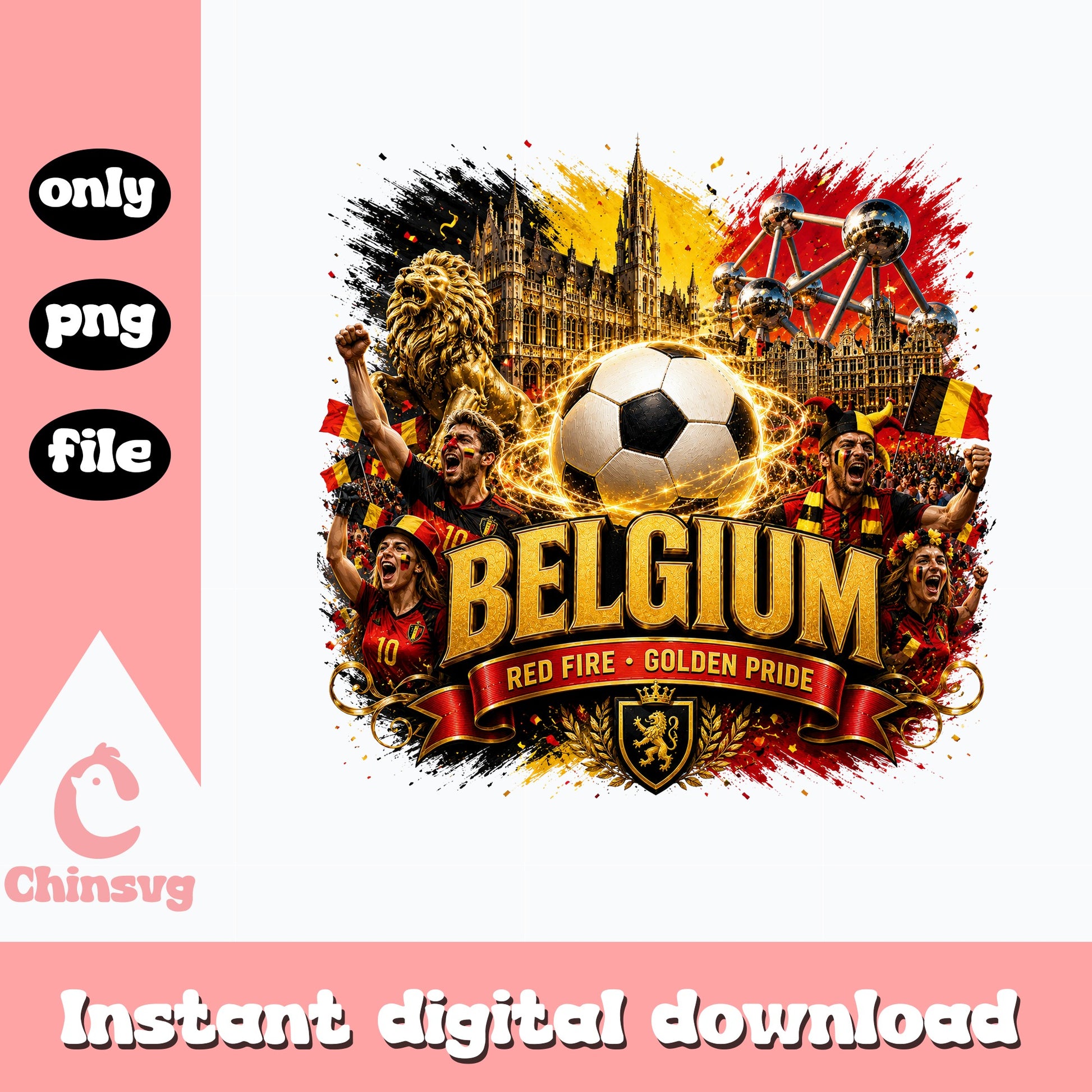 Belgium Soccer Red Fire Golden Pride PNG, Football Fan PNG, Belgium PNG