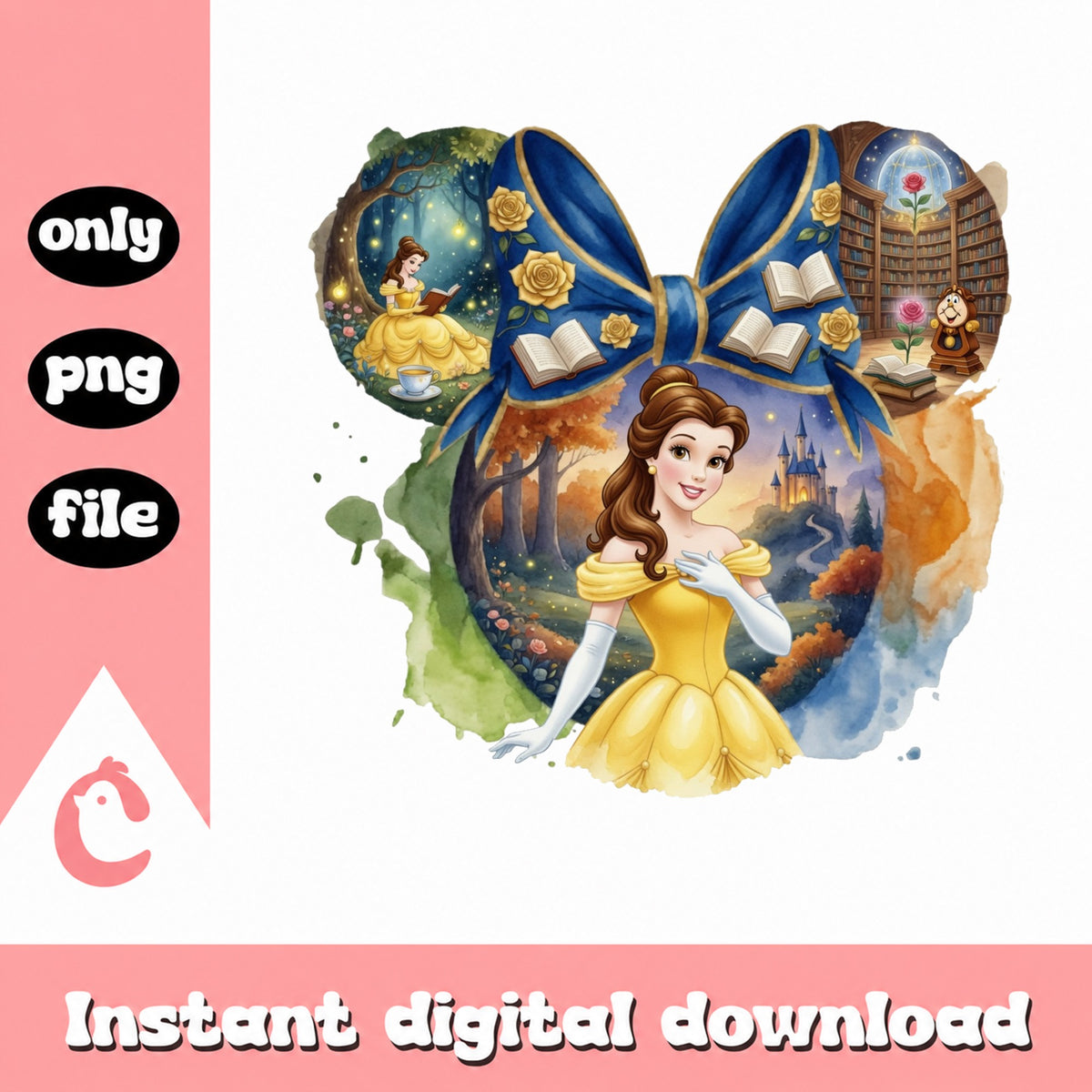 Belle Beauty And The Beast Minnie Bow PNG, Disney Princess PNG, Watercolor PNG