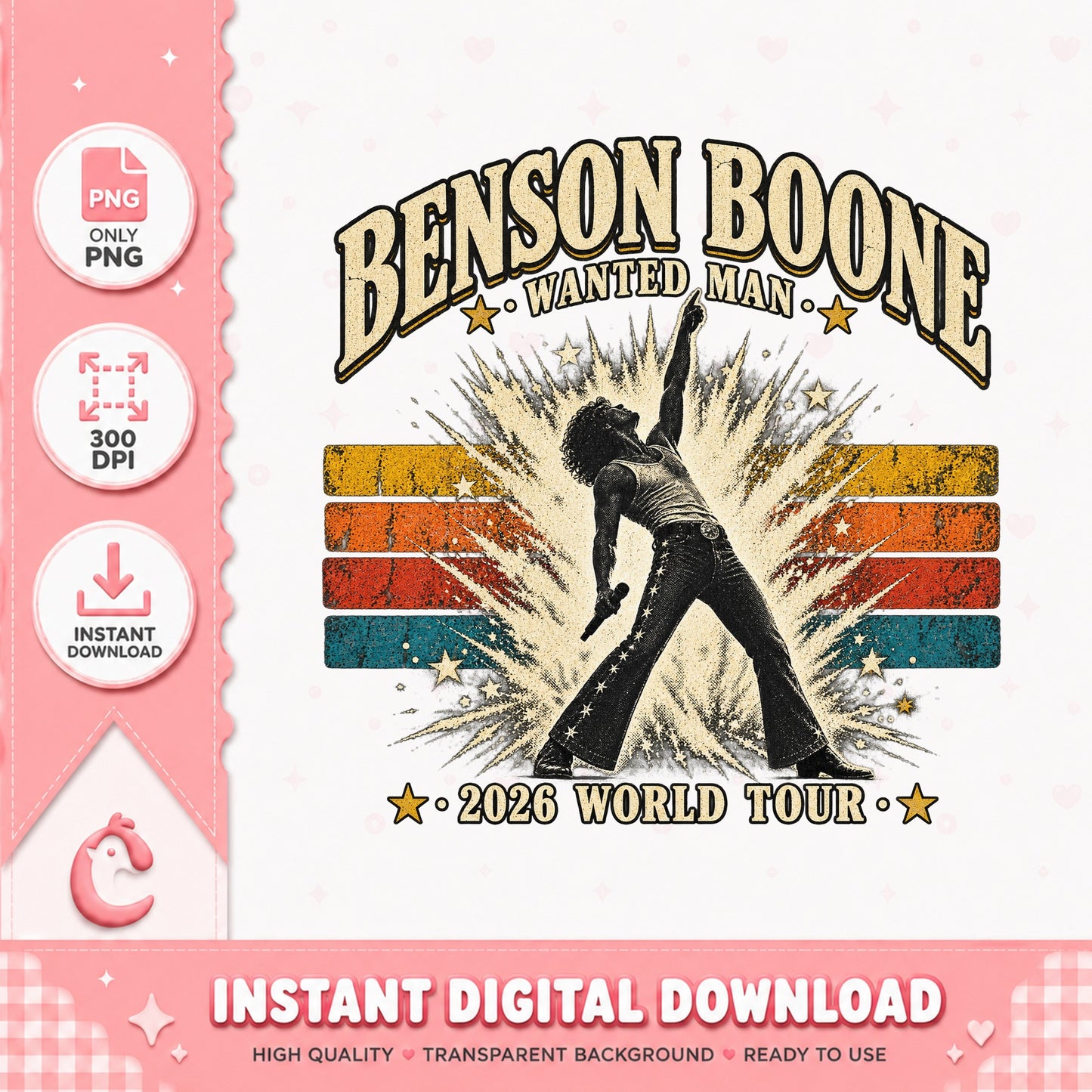 Benson Boone World Tour PNG, Wanted Man Retro Design, 300 DPI PNG