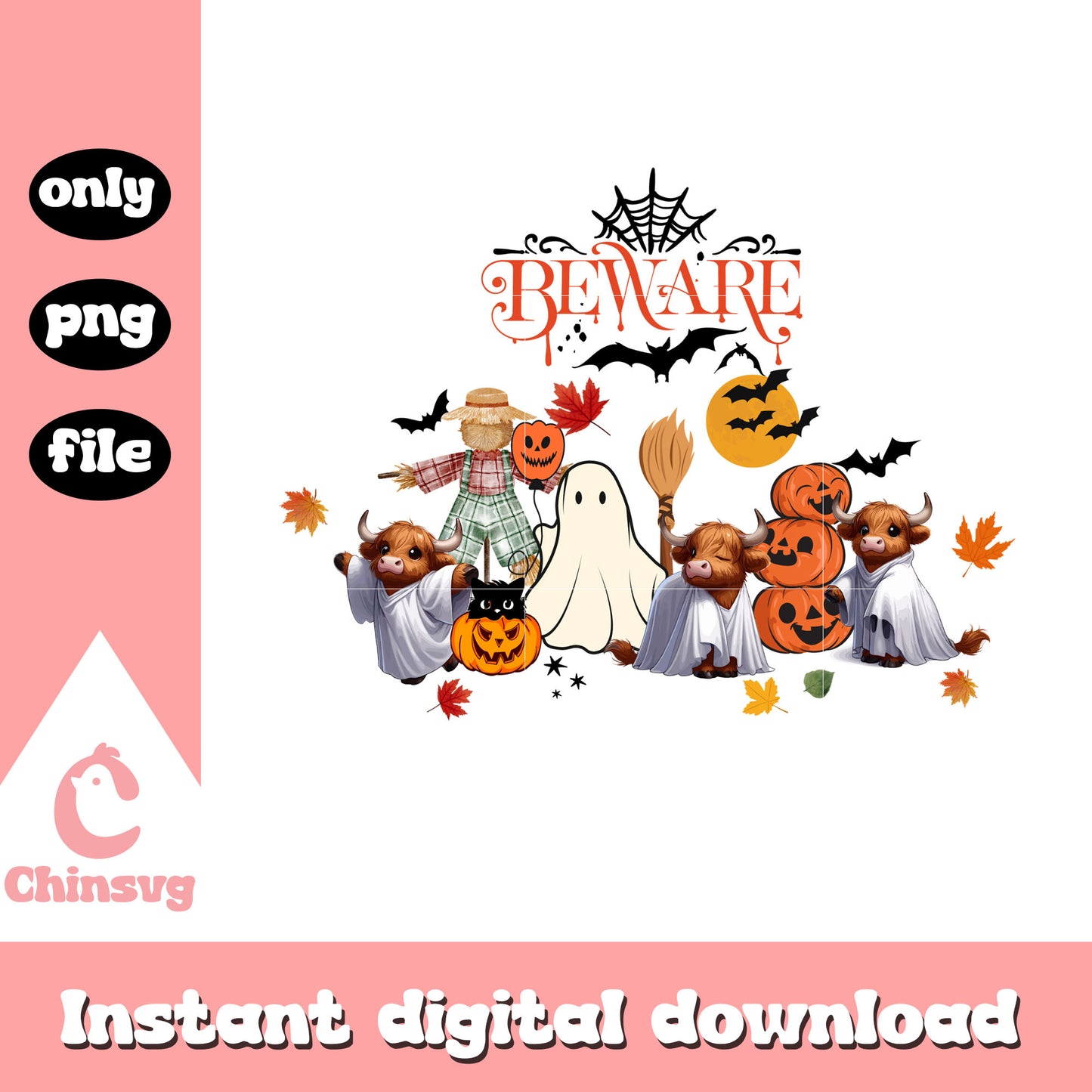 Beware ghost highland cow halloween png, halloween decor png