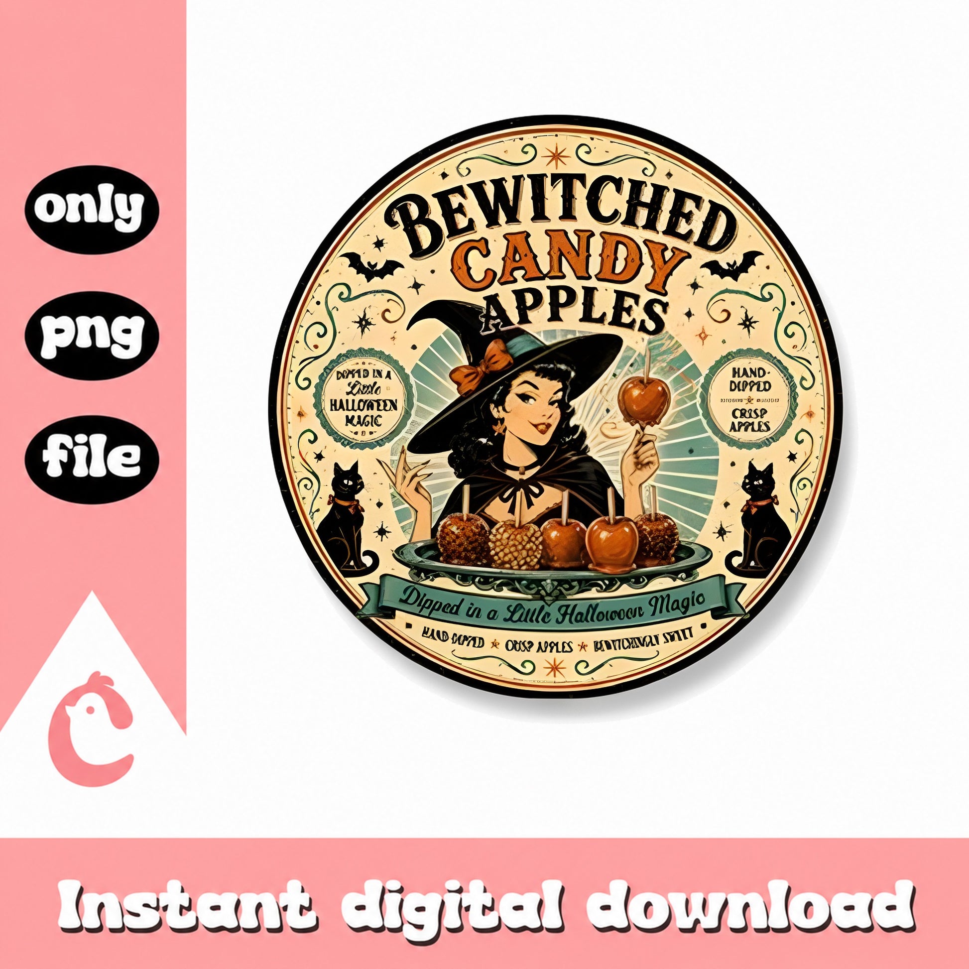Bewitched Candy Apples Vintage Label, Halloween Witch PNG, PNG