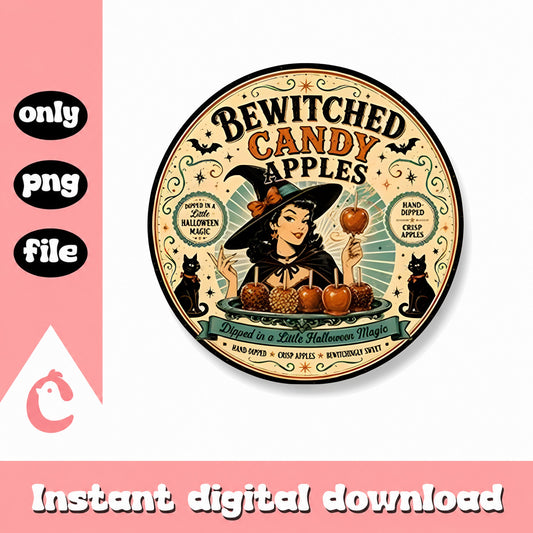 Bewitched Candy Apples Vintage Label, Halloween Witch PNG, PNG