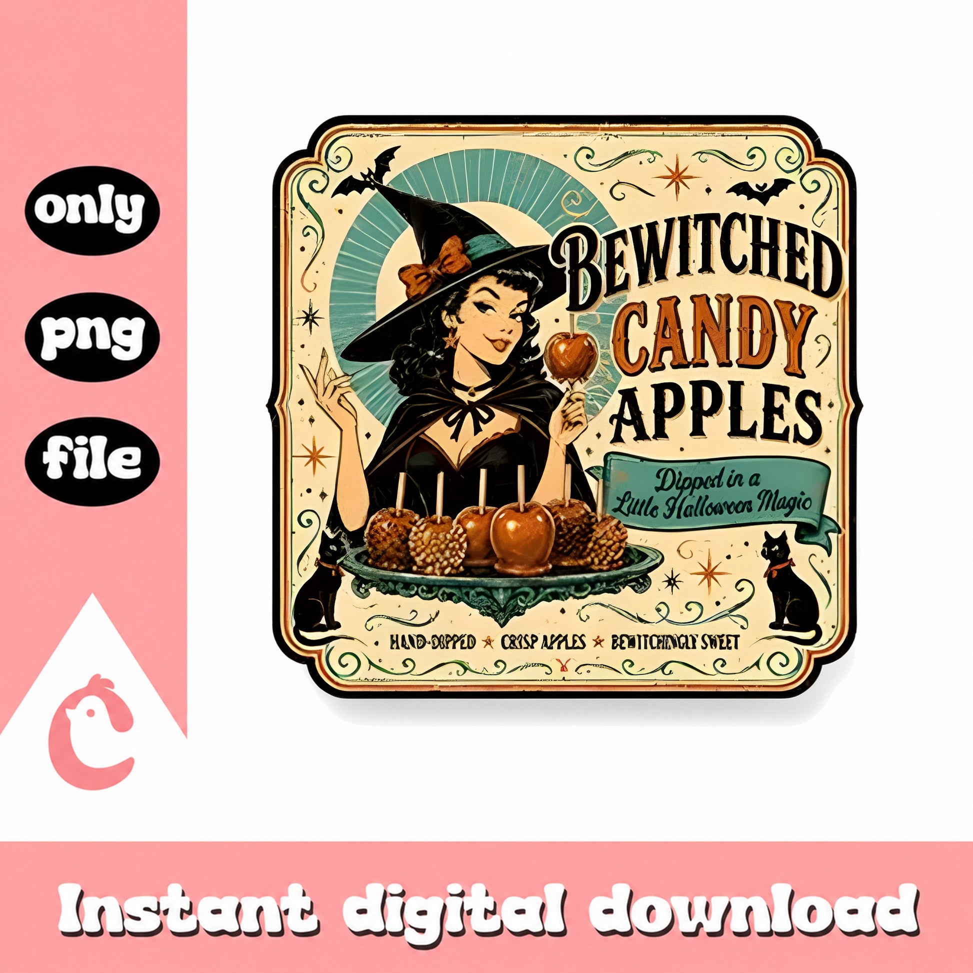 Bewitched Candy Apples Vintage Sign, Halloween Witch PNG, Retro PNG