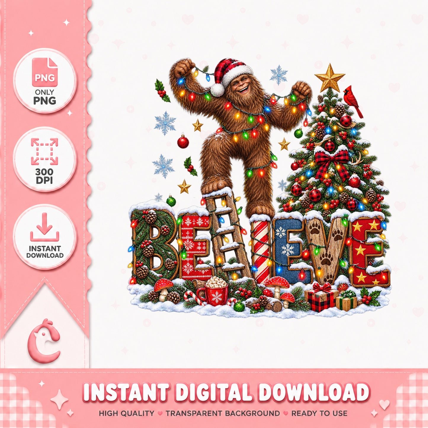 Bigfoot Christmas Believe PNG, Sasquatch Xmas Tree, Holiday PNG