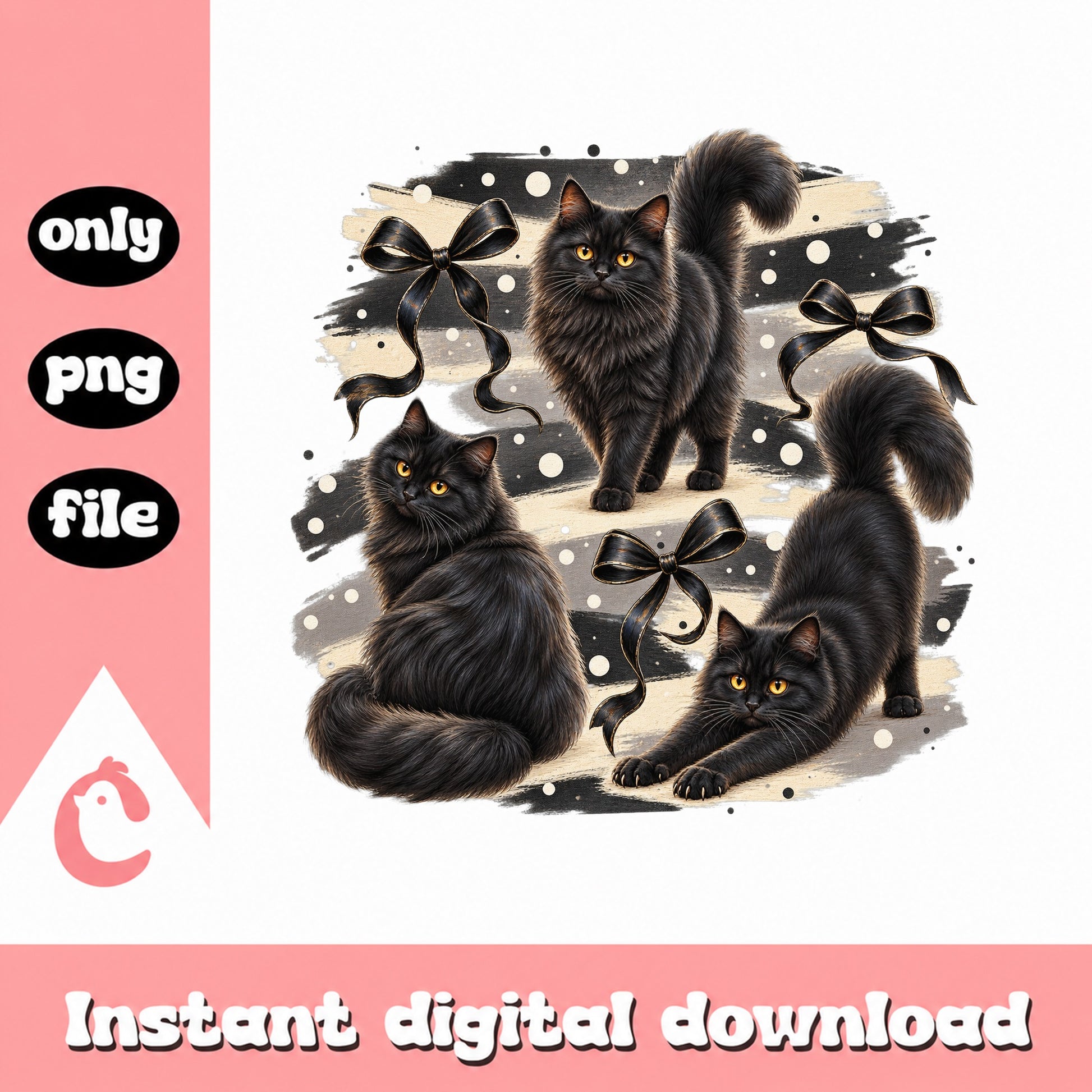 Black Cat PNG Bundle, Fluffy Cat Clipart, Instant Download PNG