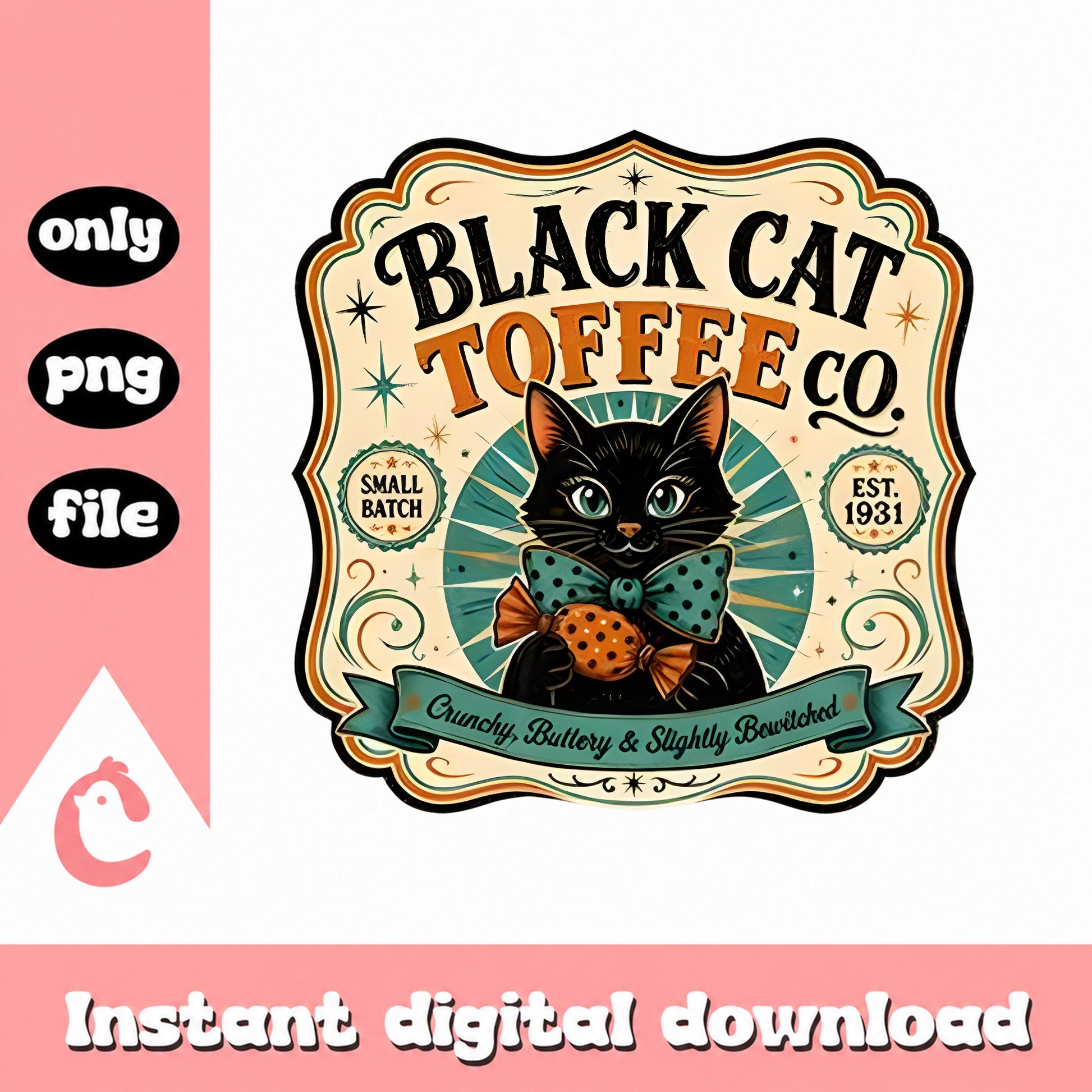 Black Cat Toffee Co PNG, Vintage Retro Cat Design, Halloween PNG