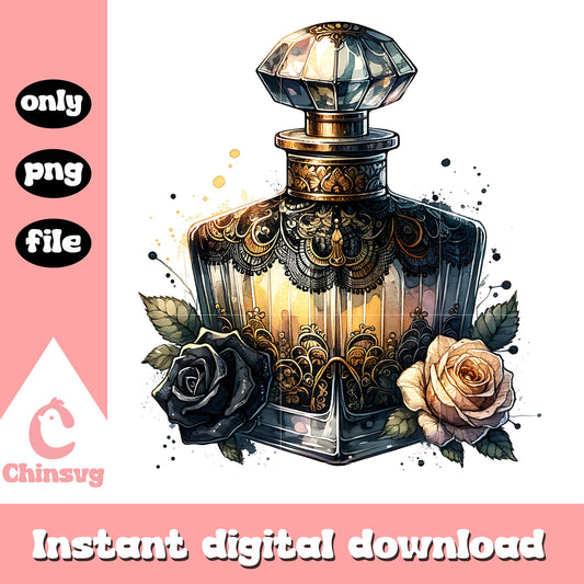 Black and gold perfume bottle design png, perfume bottle​ png