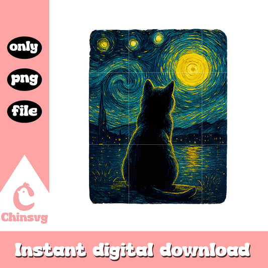 Black cats lover starry night vincent van gogh png, starry night png